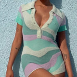 Short Sleeve Playsuit Women Striped Turn Down Collar Short Sleelve Romper Women Patchwork Y2K Sexy Knitted