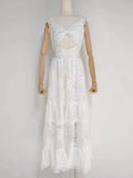 Sexy Cut Out Sling Dress For Women V Neck Sleeveless High Waist Lace Panel Solid Midi Dresses Female Summer