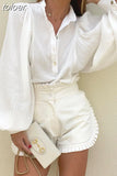 Elegant Solid Loose Shirt For Women Lapel Collar Long Lantern Sleeve Button Through Blouses Female Spring Fashion