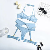 Women Sex Underwear Sexy Lingerie Suit Bralette Set Woman 4 Pieces Transparent Bra Underwire Garters Panties