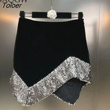 Summer High Waist Retro Irregular Length Design Very Shiny Pieces Velvet Stitching Ladies Mini Skirt Party Sparkly
