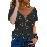 Women Heart Striped Printed Zipper T Shirt Short Sleeve Casual Tops Loose Summer Fashion Sexy Clothing Top De