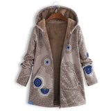 Winter Women's Vintage Printed Coats Warm Plus Size Loose Zipper Hooded Outerwears Casual Long Sleeve Female Wool