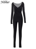 Sexy Skinny Solid Two Piece Set Women Fashion Cross V-neck Long Sleeve Tops+ High Waist Floor Length Trousers Street Suit-Outfit