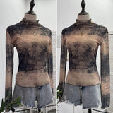 Shooting Denim Pattern Dye Printing Retro Babes Thin Mesh T-Shirt High-Necked Long Sleeve Bottom Shirt Top