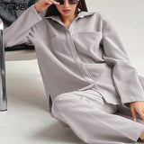 Office Casual Sets 2 Piece Lapel Split Shirt Soft Comfort Fall Outfits Women Plain High Waist Wide Leg Pant Suits