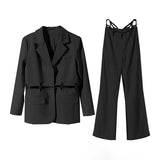 Solid Casual Two Piece Set For Women Lapel Collar Long Sleeve Pockets Blazer High Waist Slim Pants Female 2021