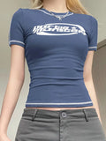 blue Y2K t-shirt with embroidered short sleeve logo