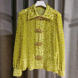 Vintage Yellow Polka Dot Velvet Women's Shirt Lapel Long Sleeve Patchwork Diamonds Fashion Woman Blouses 2022