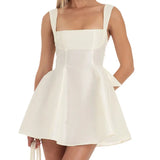 Women Sling Mini Dress Evening Party Summer Clothes Solid Color Sleeveless Backless Square Neck A-line Dress Sexy Club-Outfit