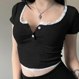 Desire Atmosphere Wearing Lace Button Splicing Color Navel Slimming Striped Short-Sleeved T-Shirt 2023 New Style-Outfit