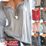 2019 New Spring Women Lace Patchwork Blouse Shirt Casual V-Neck Long Sleeve Female Tunic Plus Size Blusas