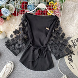 Slash Neck Women's Blouse Tops Mesh Splice Sashes Half Sleeve Female Blouse 2021 Summer Fashion Casual Elegant