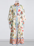 Hit Color Dresses For Women Lapel Lantern Sleeve High Waist Patchwork Single Breasted Folds Temperament Dress