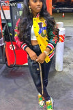 Fall Winter Print Patchwork Yellow Jackets For Women 2023 Long Sleeve Varsity Jacket Buttons Loose Baseball Jacket