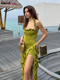 Y2K Halter Party Dress Women Backless Chic Irregular Tassel Hem Summer Sexy Birthday Party Split Midnight Club Bodycon-Outfit