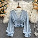 2021 Autumn Fashion Korean Women Blouse Long Sleeve V Neck Elastic Ruched Slim Tops Elegant Streetwear Short