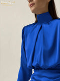 Bodycon Blue Satin Dresses For Women Fashion Turtleneck Long Sleeve Mini Dress Elegant High Waist Ruched Female