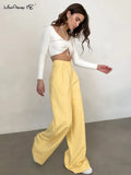 Elegant Yellow Formal Trousers Women High Waisted Wide Leg Pants Female Office Work Spring Long Pants Solid