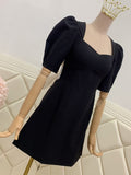 Patchwork Bowknot Dress For Womens Square Collar Puff Sleeve High Waist Mini Dresses Female Summer Clothing