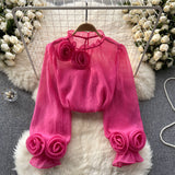 Shirt Female Design Sense Small Three-Dimensional Flower Bubble Sleeves To Reduce The Age Of Pure Color Chiffon Shirt Women's Long-Sleeved