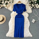 Elastic Split Women Knitted Dress Solid Summer 2022 Slim Lapel Casual Elegant Gentle Ladies A Line Long