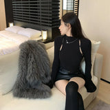 Pure Hot Girl Hollowed-Out Knitted Long-Sleeved Bottomed-Out Blouse With A Slim, Slim And Half-High Collar In Spring And Autumn-Outfit