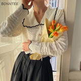 Women Single Breasted Students Chic Basic Long Sleeve Patchwork Design All-match Spring Femme Knitted Cropped