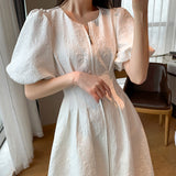 French Holiday White Dress Short Puff Sleeves Zipper Front A Line Slim Dress Vestidos Elegant Party Dress Summer