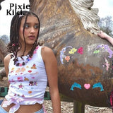 Graphic Crop Top Y2k Streetwear Cartoon Printed White Tank Tops Cute Sexy Summer Clothes for Women