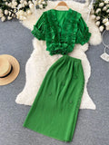 Ruffled Elegant Chic Women Set Summer 2022 V Neck Fashion Tops+ Knitted Elastic Waist Skirt Solid Two Piece