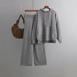 Drawstring Hooded Women Knitted Sets Irregular Loose Sweater+Casual Wide Leg Long Pants Winter Warm Two Pieces