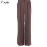 Autumn Office Wide Leg Pants Women Sashes Elastic Waist Pants Elegant Ladies Brown Trousers Solid Korean Palazzo Cozy