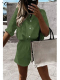 Celmia Loose Summer 2 PCS Sets Cotton Casual Lightweight Lapel Long Sleeve Shirt and Pleats Elastic Waist Short Suits Short