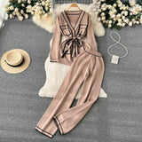 Fashion Sweater Two Pieces Sets Ladies Long Sleeve Knit Cardigan+Wide Leg Knit Long Pant Sets Women OL Knitted