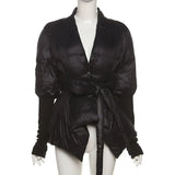 Sisterlinda Winter Black Thicken Puffer Jackets Women Tops Irregular Bandage Button Bubble Coats Office Lady Parka Warm