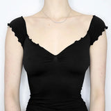 Flying Sleeve Chest Leaky Back Element Waist Showing Thin Basic Vest Sexy V-Collar Casual T-Shirt Trend-Outfit