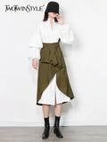 TWOTWINSTYLE Streetwear Two Piece Set For Women V Neck Long Sleeve Shirt High Waist Frill Trim Irregular Hem Skirts Female