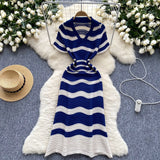 Luxury High-Striped Knitted Dress Women's Summer V-Neck Hollow Thin Airable Design Design Long