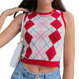 Y2K Sleeveless Autumn Sweater Pullover Casual Plaid Knitted 90s Knitted Crop Sweaters Casual Autumn Preppy