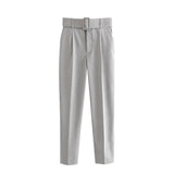 Women Chic Fashion Office Wear With Belt Pants Vintage High Waist Pockets Female Ankle Trousers Pantalones