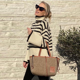 2022 Autumn Winter Oversized Knitted Pullover Women Turtleneck Long Sleeve Khaki Striped Loose Sweater Casual