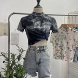 Shooting Retro Tie-Dye Double-Layer Mesh Half-High-Neck Short-Sleeved T-Shirt T-Shirt Short-Sleeved T-Shirted Woman