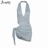 Solid Deep V-Neck Two Piece Sets Halter Top And Mini Skirts Backless Summer Midnight Club Partywear Ruched Women Sets