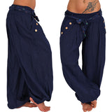 Pants Women Fashion Casual Loose Long Pants Solid Color Baggy Harem Pants Summer Button Sashes Wide Leg Trousers