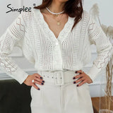 Lace hook flower V-neck pearl button knitted cardigan coat Casual sweater cardigan Elegant autumn ladies sweater