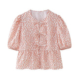 New Bubble Cuff Lace-Up Solid Color Short Blouse 1213835-Outfit