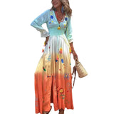 Women's V-Neck Dress Print Tamped Tannesor Long Sleeves