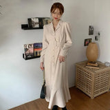 Sashes Dresses for Women Party Office Lady Trumpet Mermaid Long Sleeve Midi Woman Dress Beige Korean Clothes