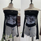 Shooting Maillard Wasteland Wind Word Shoulder Long-Sleeved Top Print Spliced Knitted Horn Sleeve Short T-Shirt